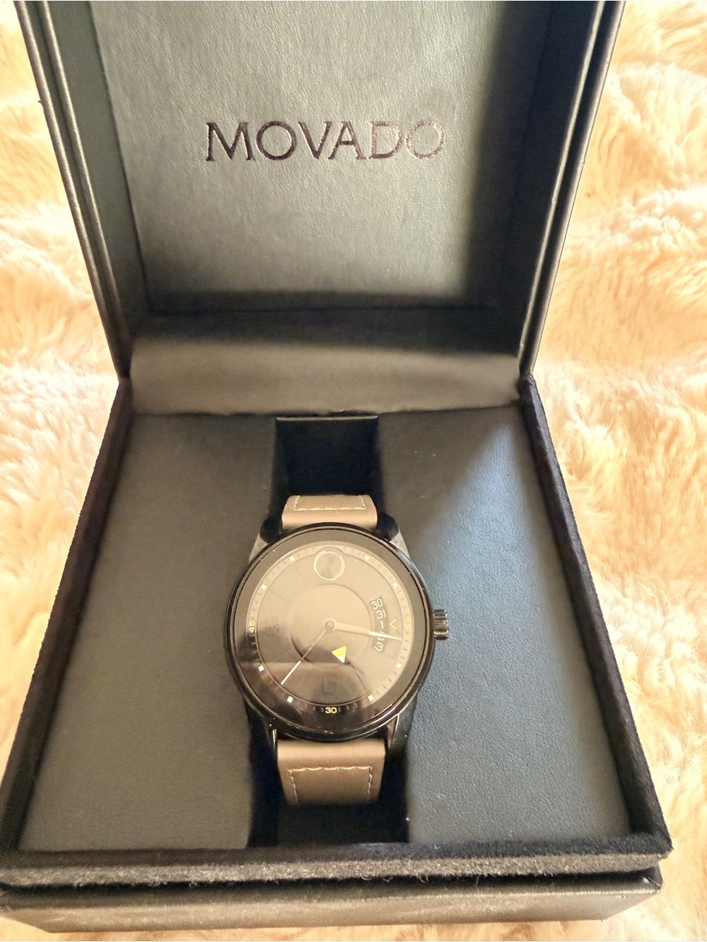Movado BOLD Men's Black Dial Watch with Grey Leather Strap